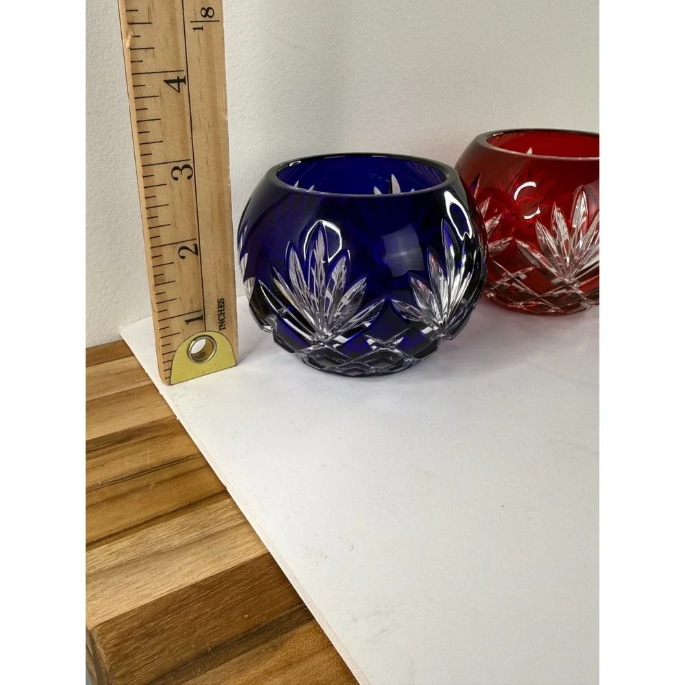 Faberge Crystal Votive Candle Holders Ruby Red Cobalt Blue Cut Clear Signed Pair